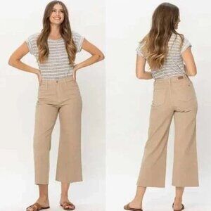 Judy Blue Jeans Tan Garment Dyed Crop Wide Leg Raw Hem JB88638 High Waist 15/32